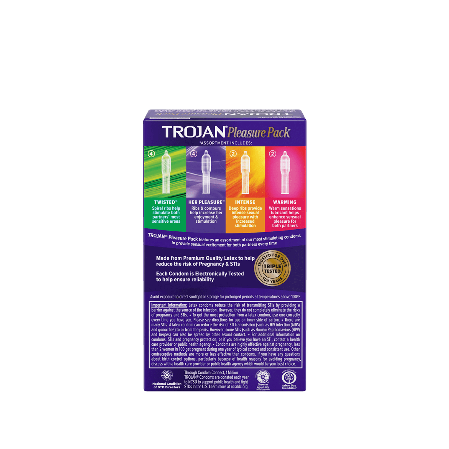 Types of condoms in Trojan Condoms Pleasure Pack.