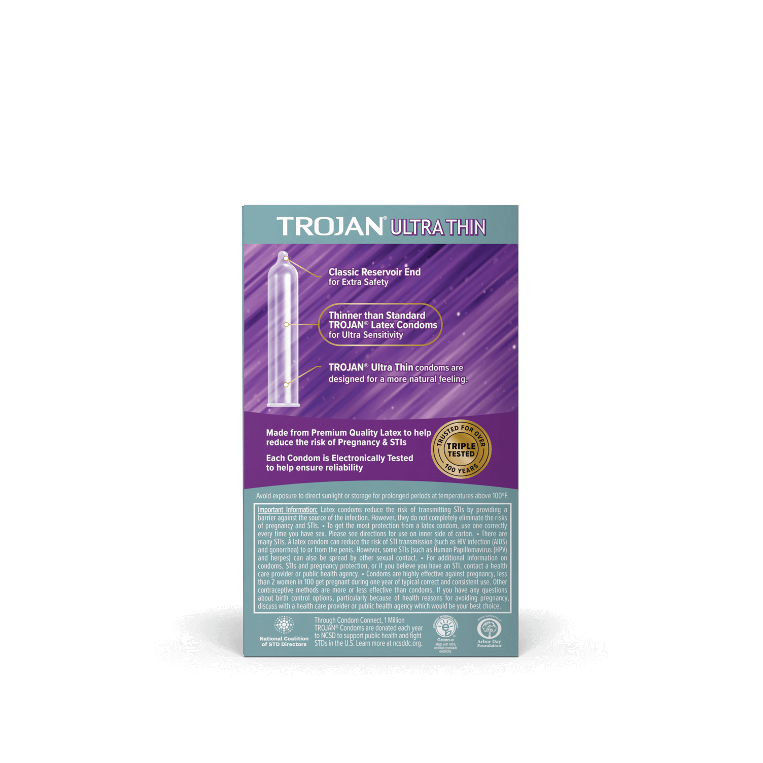 Trojan Ultra Thin Lubricated Condom back of package.