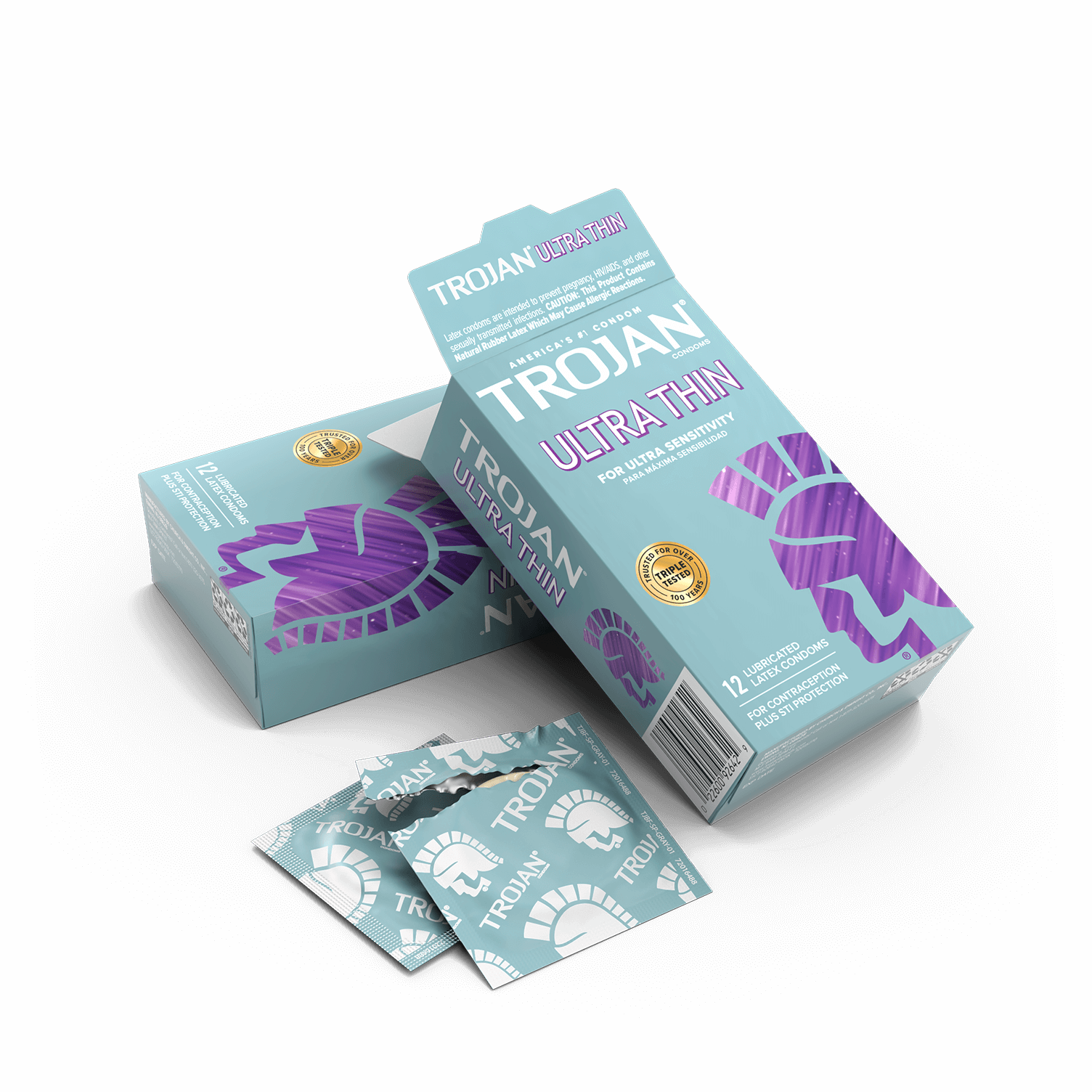 Trojan Ultra Thin Lubricated Condoms box and wrapper.