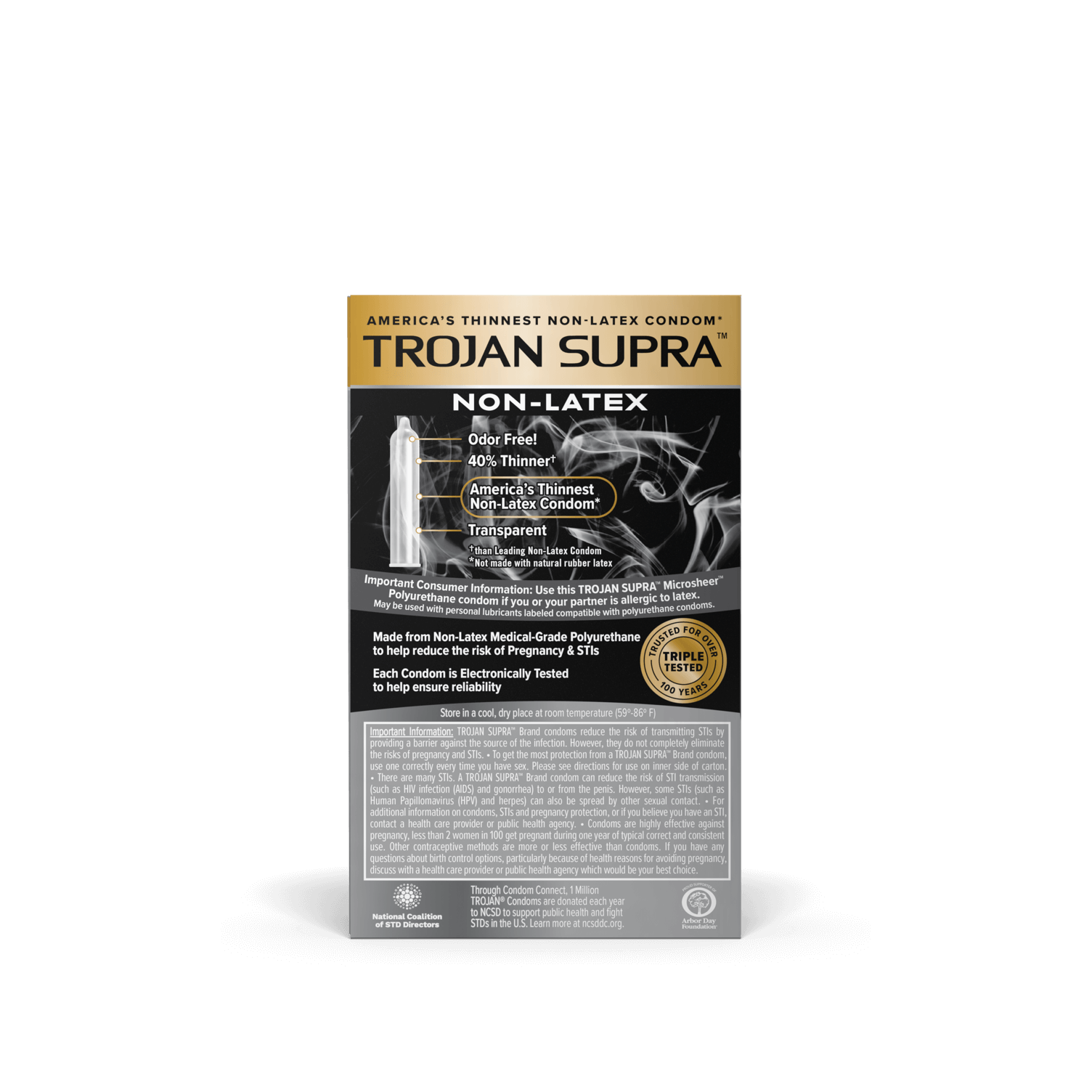 Trojan Supra Bareskin Non-Latex Condom back of package.