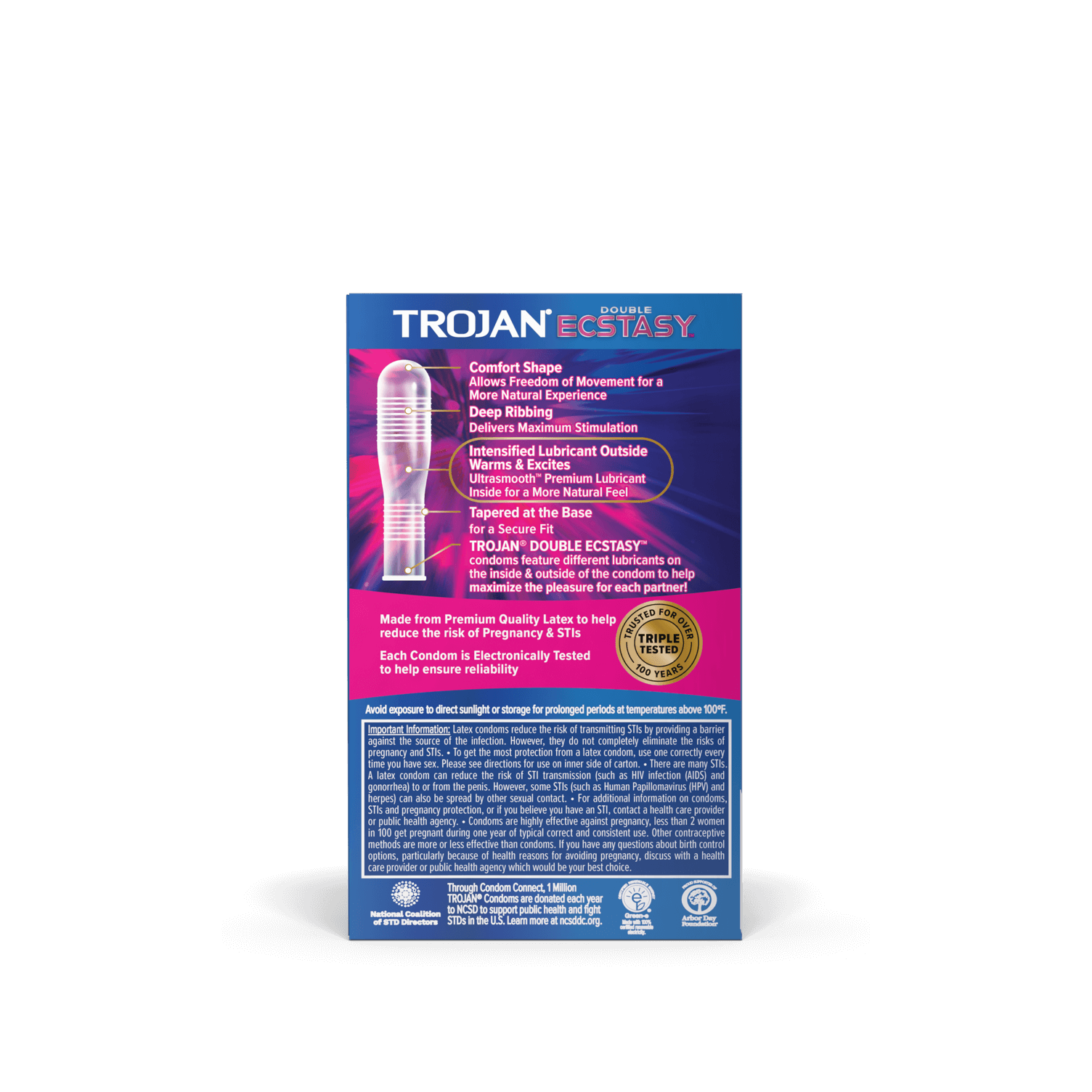 Trojan Double Ecstasy double-lubricated condom back of package.
