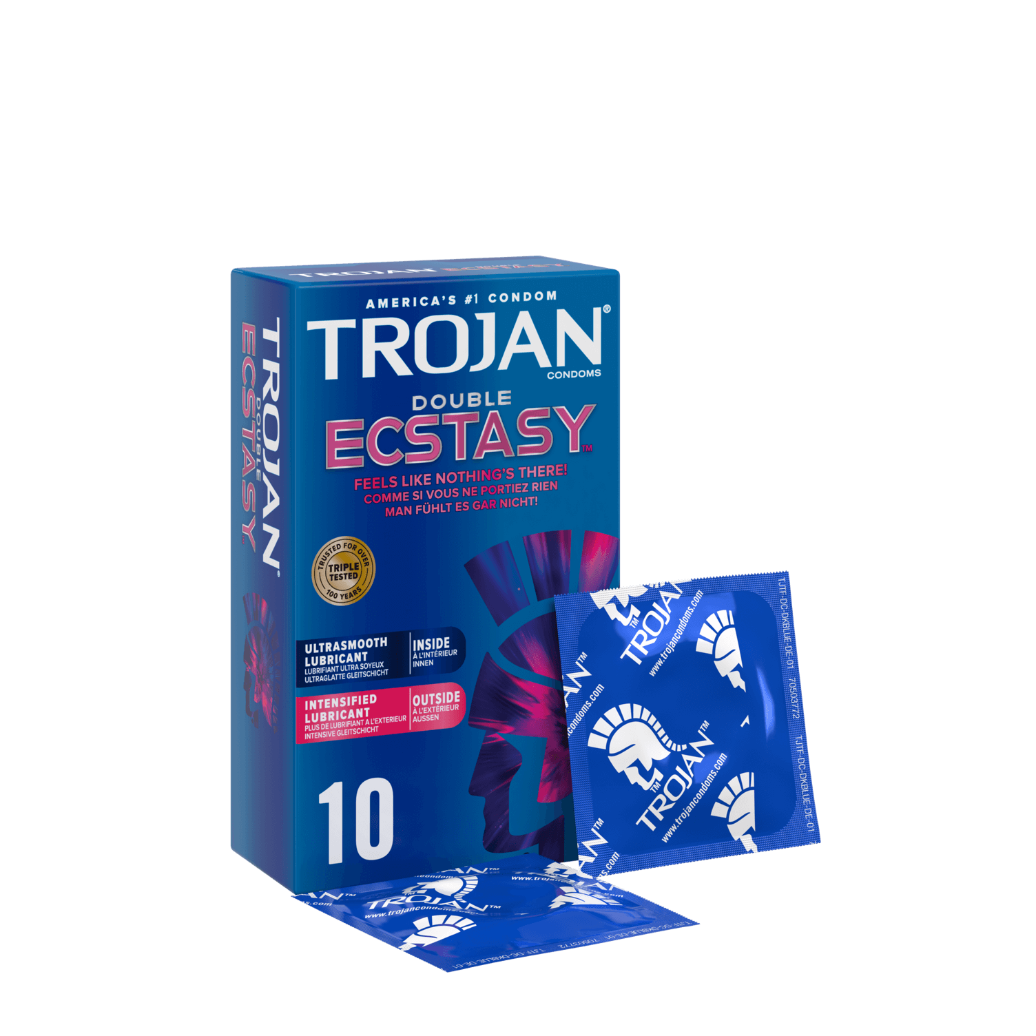 Trojan Double Ecstasy double-lubricated condom package and wrapper.