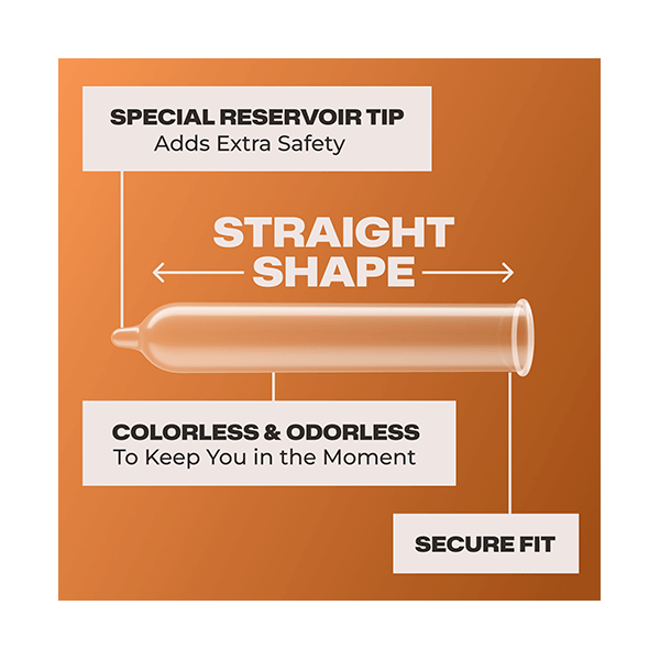 Trojan Bareskin Raw thin condom with straight shape and reservoir tip.