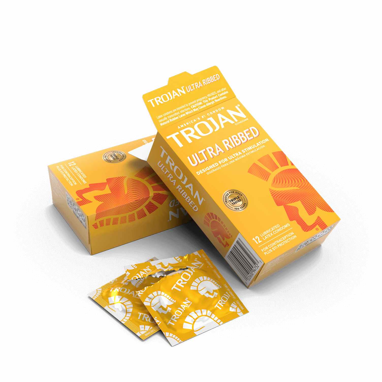 Trojan Ultra Ribbed Lubricated Condoms box and yellow wrappers.