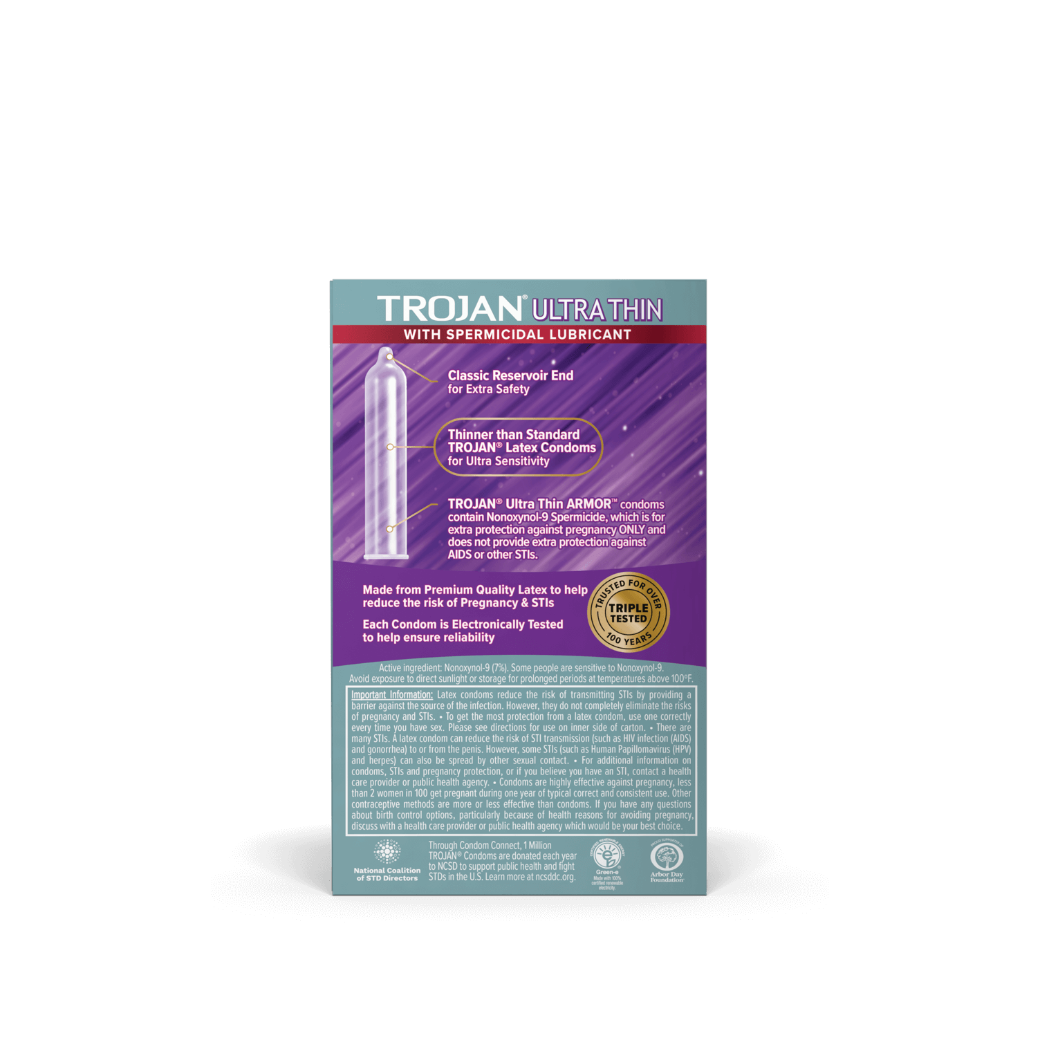 Trojan Ultra Thin Spermicidal Condom back of package.