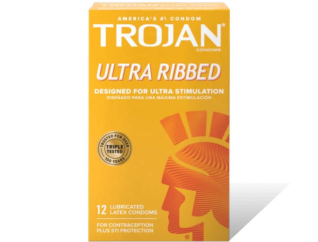 Trojan Ultra Ribbed Lubricated Condoms.
