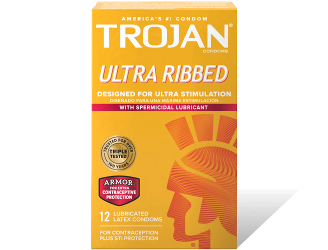 Trojan Ultra Ribbed Spermicidal Condoms.